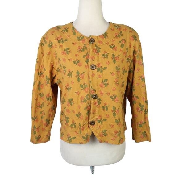 Vintage 90s Michael G Mustard Yellow Floral Button Front Top M - Picture 1 of 6